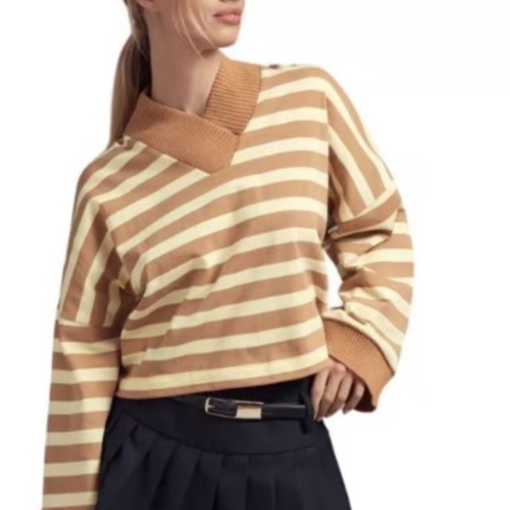 Maeve Tan and Cream Striped V-Neck Sweater